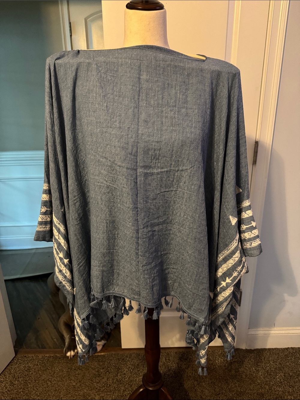Blue Tassel-Trim Cape Poncho - Women's Lightweight Cover-Up